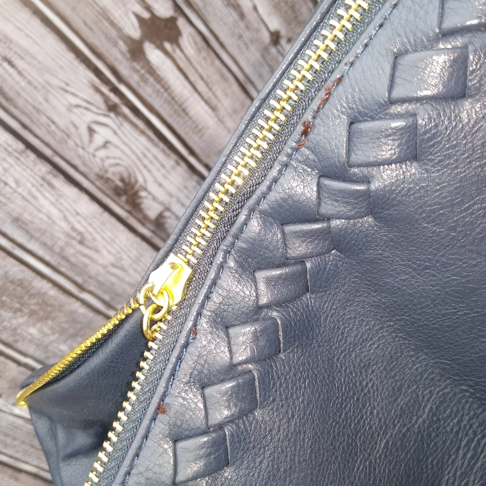 Leather Messenger Tote Bag Expandable Convertible Bag Navy Blue - Picture 14 of 16